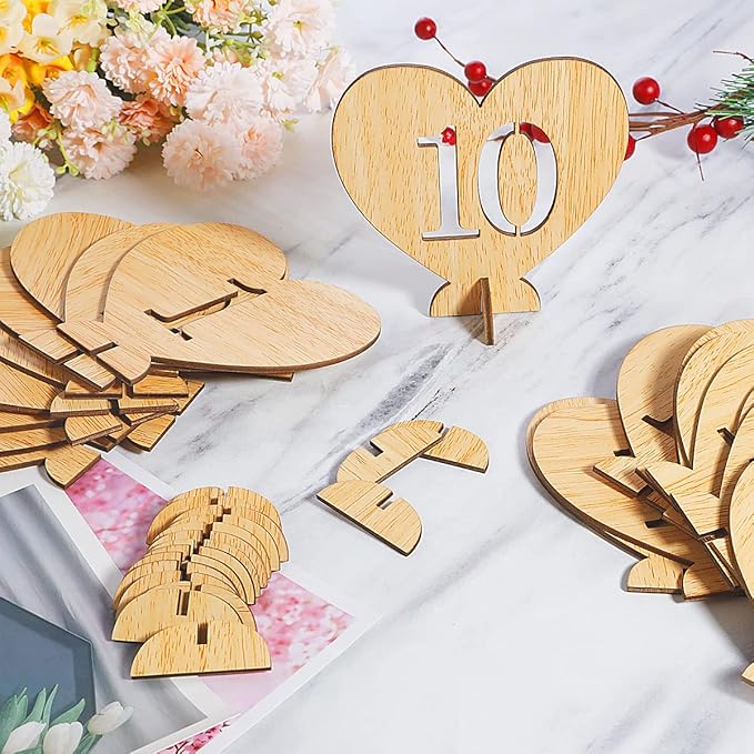 Heart Shape Wooden Table Numbers 1-20 With Holder Base - Rustic Hollow Out Wood Cards for Wedding, Party, Event Decoration