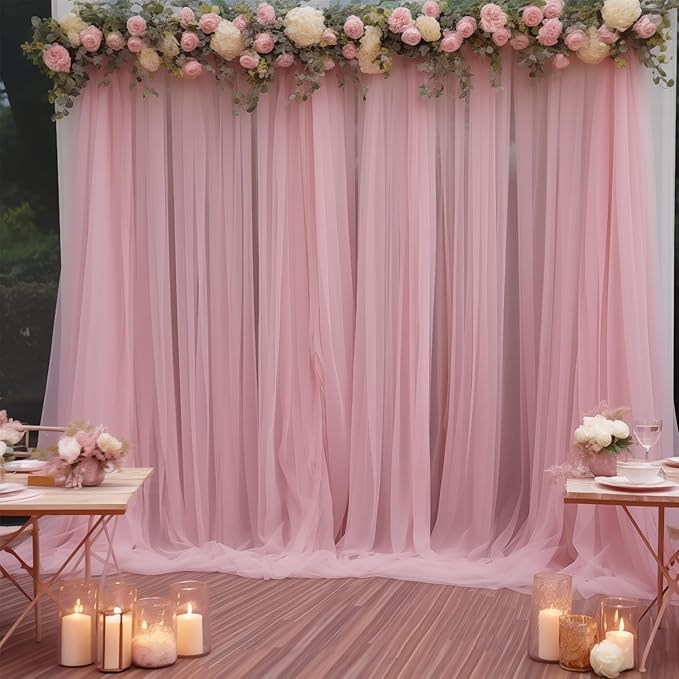 20x10 Dusty Rose Tulle Backdrop Curtains for Parties, Sheer Backdrop Curtain Wedding Photo Background Drapes for Baby Shower Photography Birthday Party