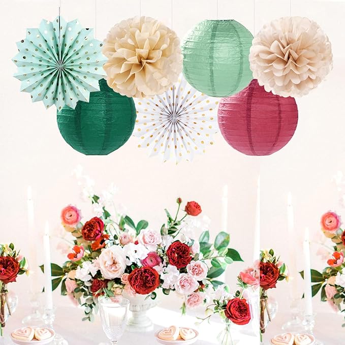 Sage-Olive Green Burgundy-Champagne Boho Party-Decorations - 20pcs Birthday Paper Lanterns Fans,Tissue Pom Poms,Honeycomb Balls,Bunting,Christmas Bridal Baby Shower Wedding Engagement Decor Burgleda