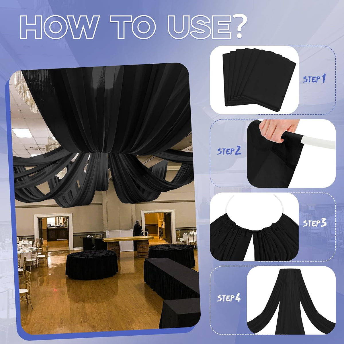 6 Panels Black Ceiling Drapes for Wedding 5ftx30ft Ceiling Drapes Wedding Arc...