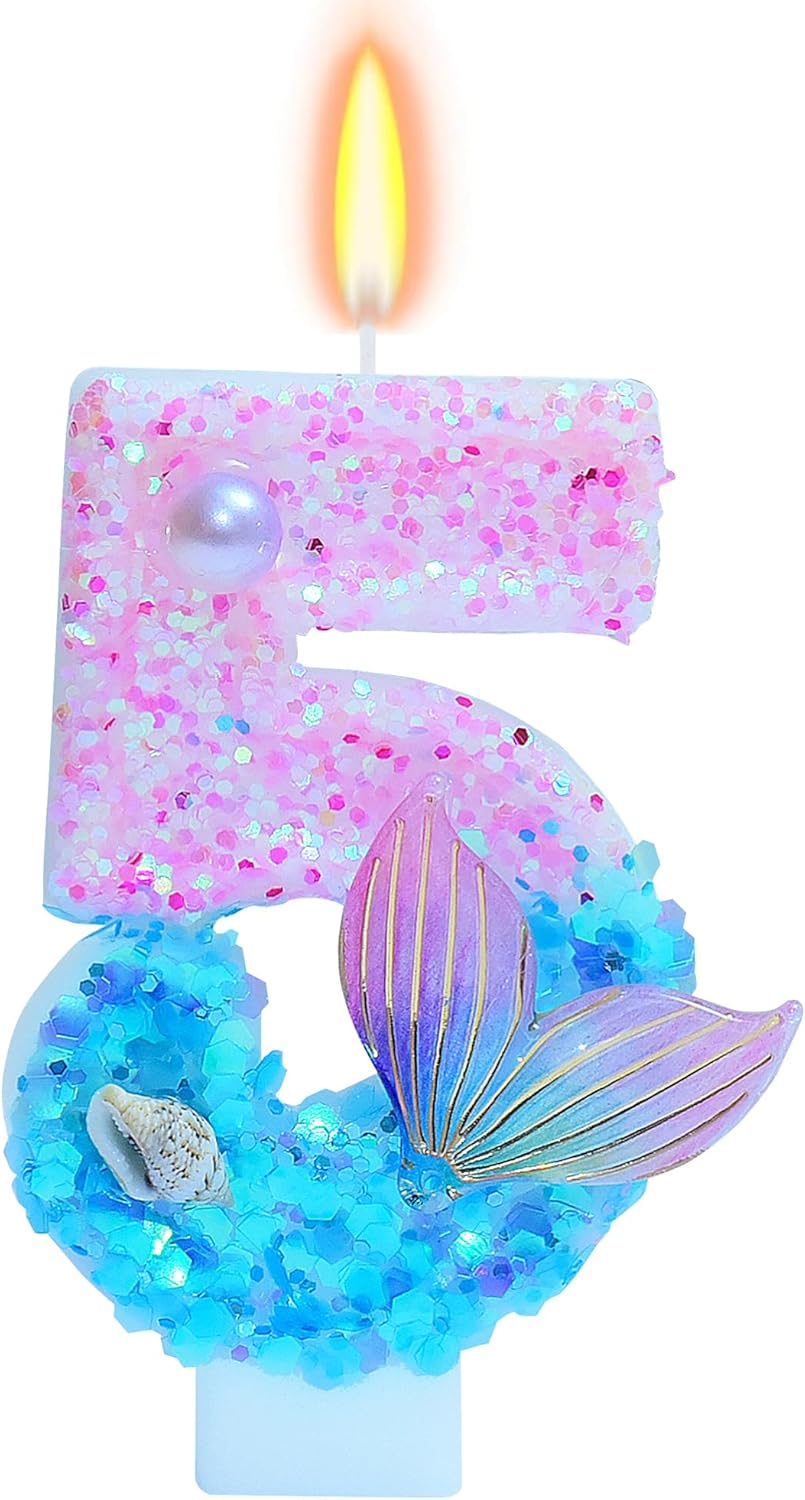 Mermaid Themed Birthday Candles, Number 5 Girls Glitter Birthday Party Supplies,Anniversary Party Decor,2.87 inch Cake Topper Decorations (Mermaid Themed, Number 5)