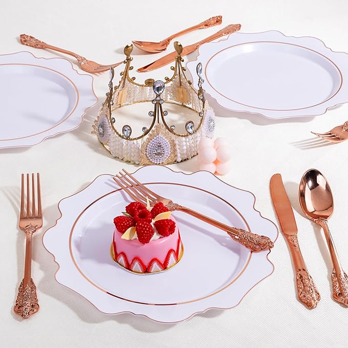 WDF 120Pieces Rose Gold Plastic Silverware - Heavy Duty Rose Gold Plastic Cutlery Set - Disposable Rose Gold Utensils - Rose Gold Flatware Includes 40 Forks, 40 Spoons, 40 Knives for Wedding