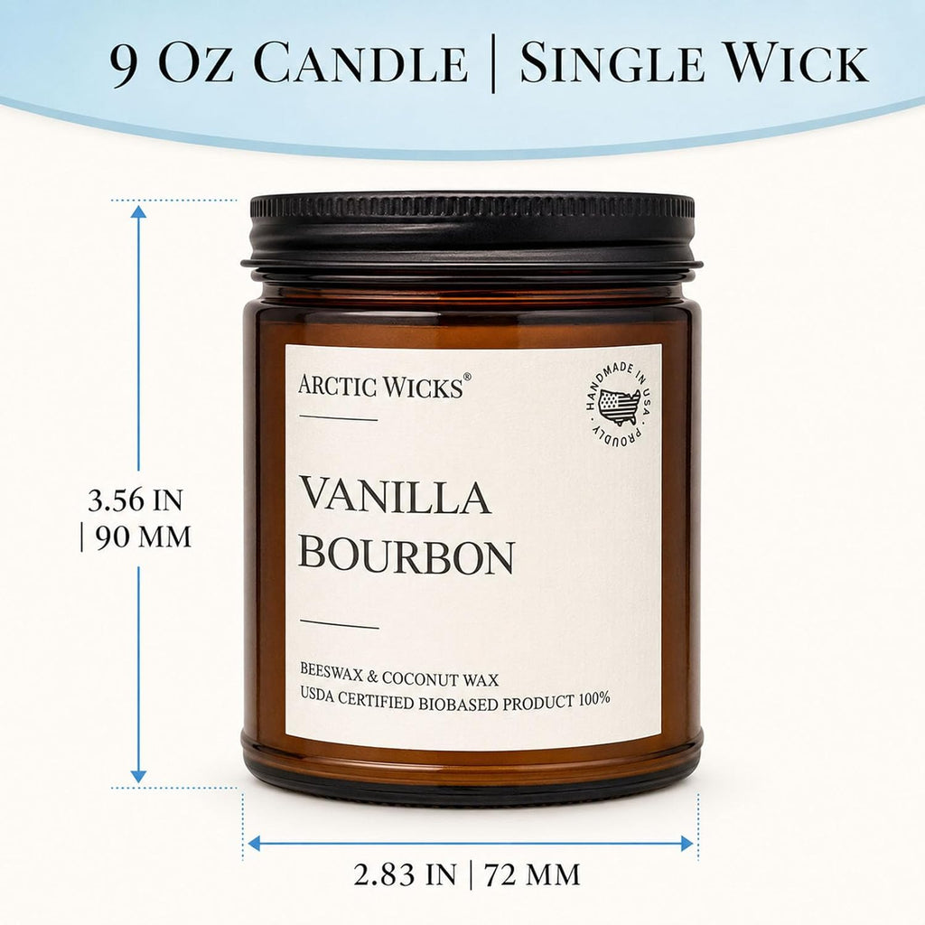 Vanilla Bourbon Candle | Arctic Wicks 9oz Coconut & Beeswax Candles | Scented Non-Toxic Candles for Fall, Winter, Holidays, Gifts for Him, Whiskey Bourbon, Vanilla Candle | USDA Certified Biobased