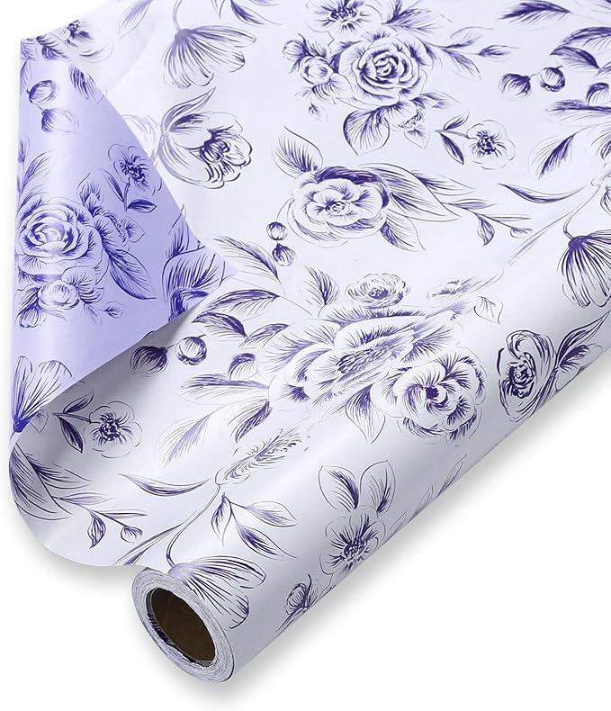 WRAPAHOLIC Jumbo Reversible Floral Wrapping Paper Roll - 30 Inch x 33 Feet - Purple Flower Wrapping Paper for Wedding, Bridal Shower, Mother's Day, Birthday, Baby Shower