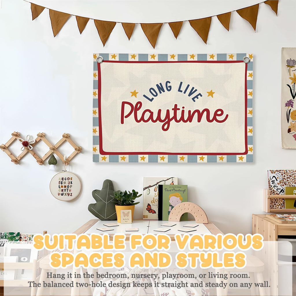 Playroom Wall Decor, Long Live Playtime Linen Canvas Banner,Toddler Playroom Decor Kids Room Nursery with Star Pattern Wall Decor for Toddler Boys Toy Room Bedroom,30x20 Inch