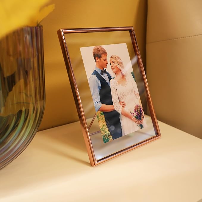 6"x8" Rose Gold Heart Floating Frame, For Picture 5x7,4x6,3x5, Tabletop Shelf Photo Frame, Classy For Thanksgiving, Home or Wedding Decoration