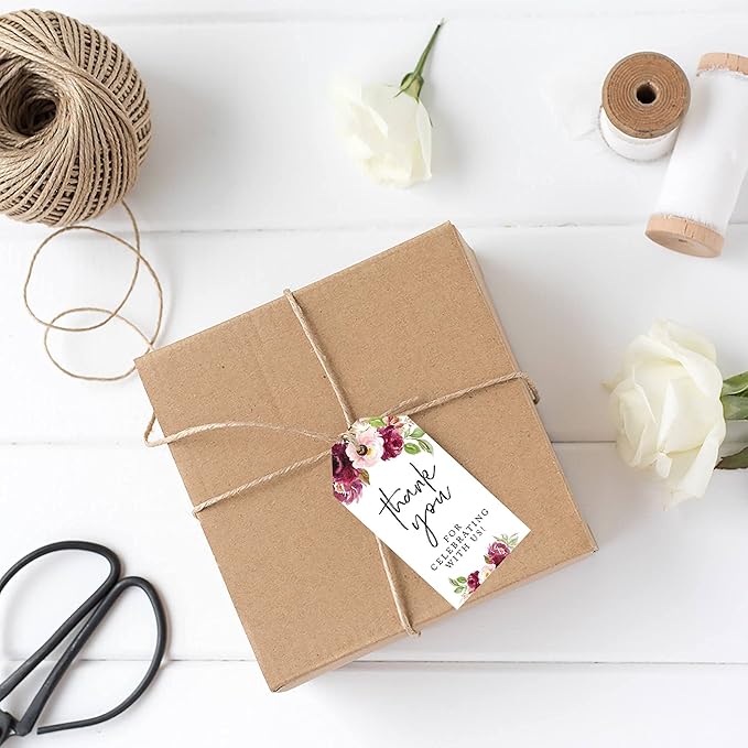 Andaz Press 100-Pack Thank You for Celebrating with Us Favor Tags Fall Burgundy Marsala Cardstock Gift Tags with Bakers Twine for Wedding Baby Shower Bridal Shower Party Favors 2 x 3.75-Inches