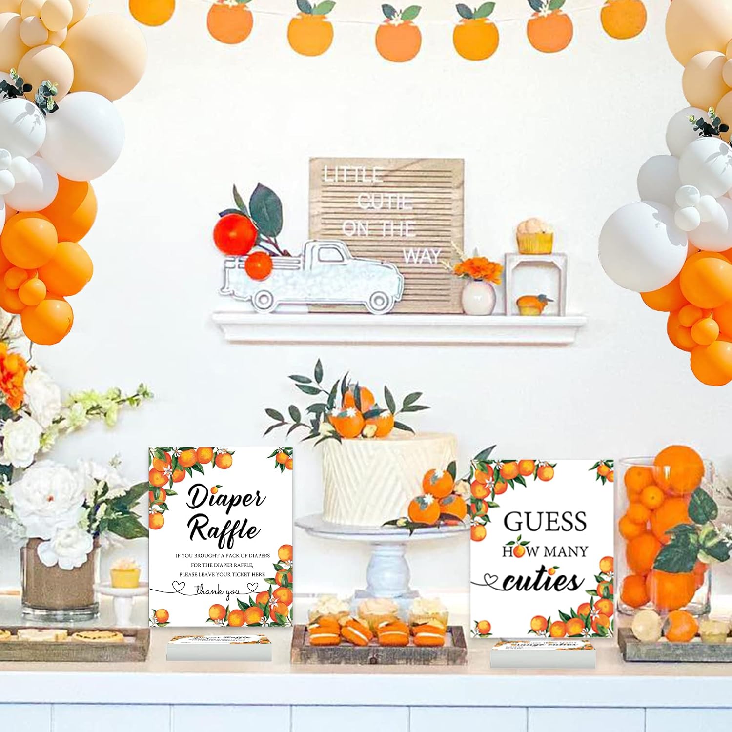 Senfaro 50 Little Cutie Orange Diaper Raffle Tickets and 1 Sign Baby Shower Games Orange Theme Guess How Many Cuties Sign with 50 Cards Baby Shower Candy Guessing Game