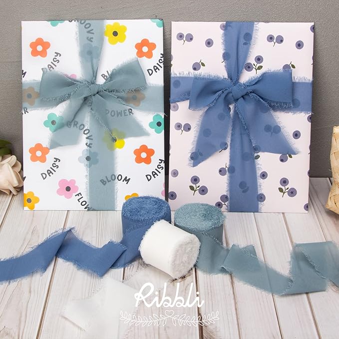 Ribbli Chiffon Silk Ribbon, 1.5 in x 30 Yards, White/Slate Blue/Dusty Blue Fringe, Wedding Invitations, Bridal Bouquets, Flower Arrangement