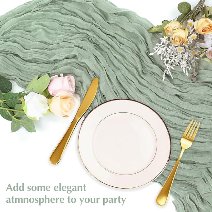 Sage Green Cheesecloth Table Runner -21*120Inch Long Boho Wedding Table Decor, Rustic Gauze Fabric Runner for Bridal Showers, Baby Showers & Parties (Sheer, Lightweight, Wrinkled Design)