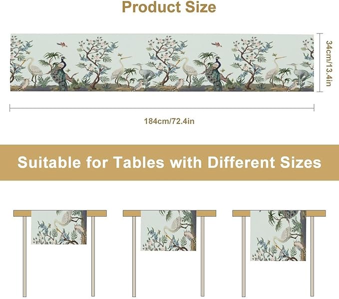 Peacock Table Runner,Retro Chinese Peonies Flowers Peacock Table Runner for Home Kitchen Dining Party Indoor Outdoor Decoration 13x36 Inch