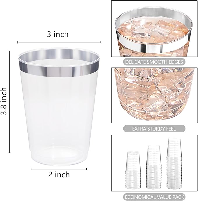 DaYammi 200 Pack Silver Plastic Cups 10 Oz Clear Plastic Cups Silver Rimmed Disposable Wine Glasses Heavy Duty Disposable Tumblers Drinking Cocktail Glasses for Party Wedding
