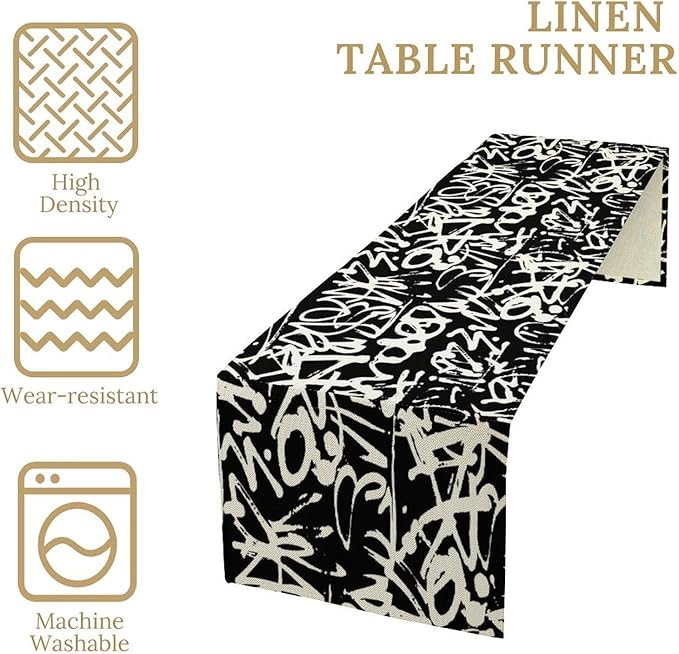 Graffiti Table Runner,Black White Abstract Messy Art Theme Pattern Print Tablecloth Burlap for Hotel Indoors Outdoor Dining Room Kitchen Home Decor,W13X L108 in