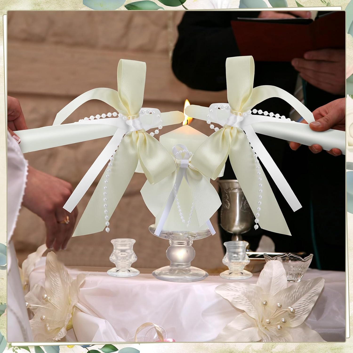 Conelist 3 Pcs Unity Candles for Wedding with Satin Bow and Glass Candle Holder Coquette Unity Pillar and Taper Candles Set Wedding Ceremony Reception Decor for Formal Events Church(Ivory)