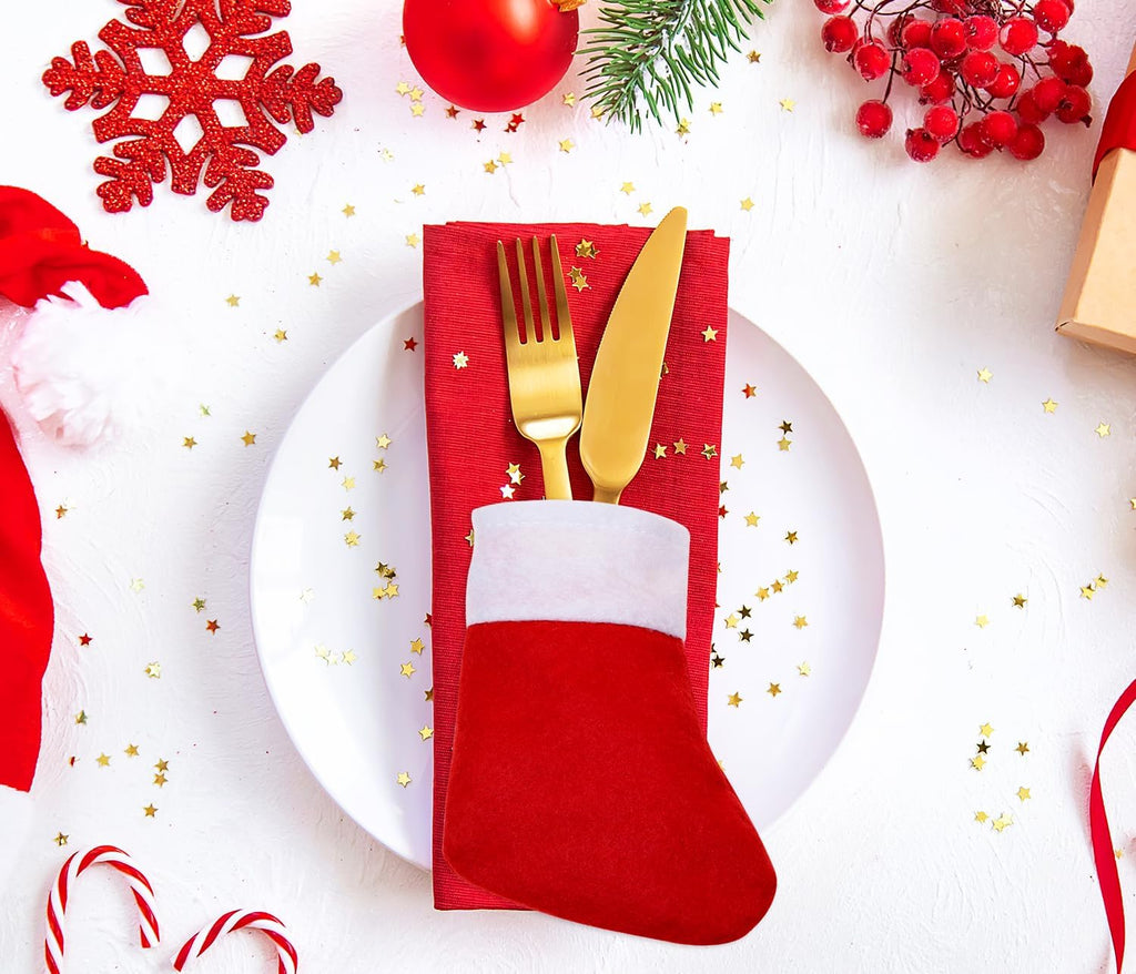 PENTA ANGEL Mini Christmas Stocking 12Pcs Red Snowflake Xmas Socks Knife Spoon Fork Pouch Bags for Thanksgiving New Year Party Silverware Holder Christmas Tree Fireplace Decoration (Classic, Red)