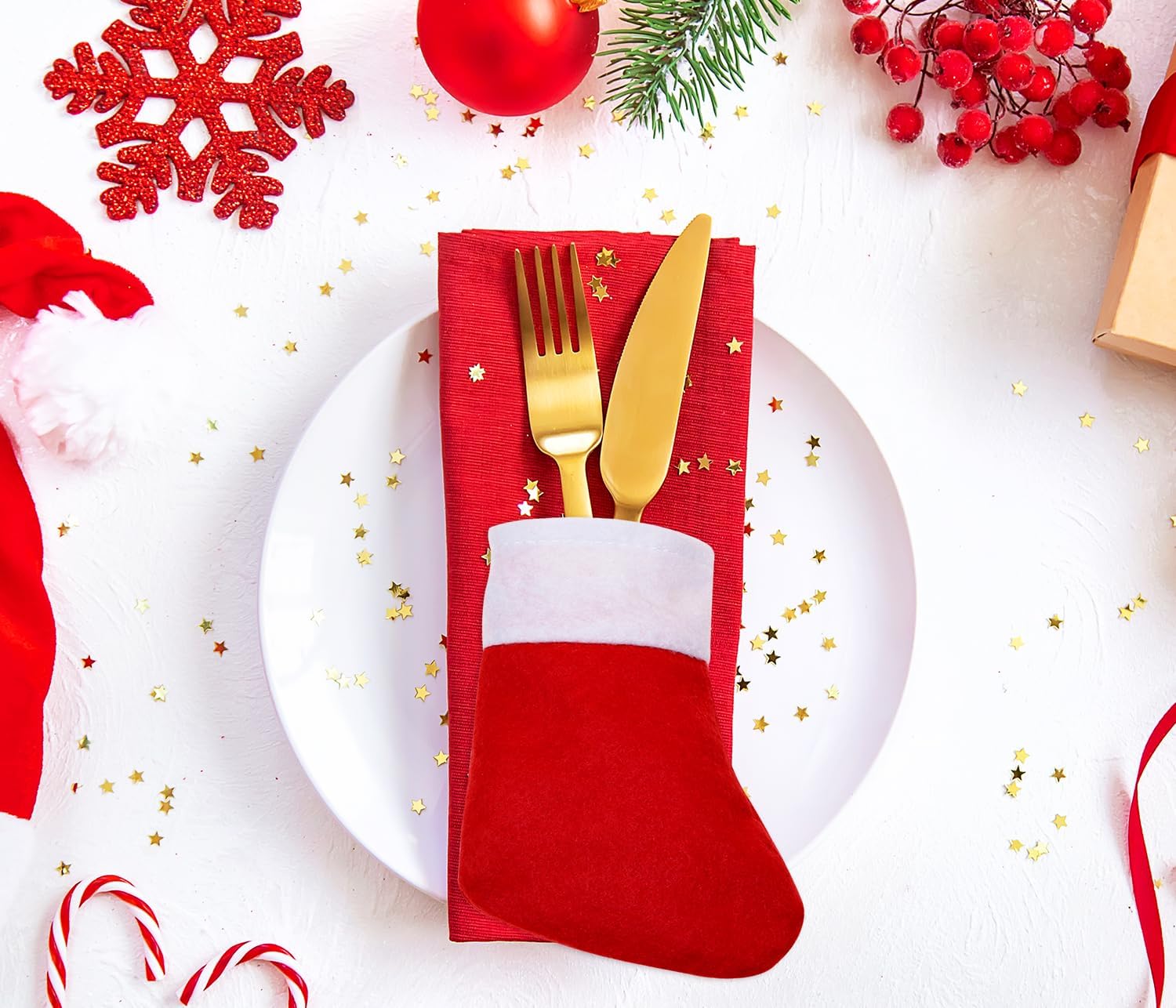 PENTA ANGEL Mini Christmas Stocking 12Pcs Red Snowflake Xmas Socks Knife Spoon Fork Pouch Bags for Thanksgiving New Year Party Silverware Holder Christmas Tree Fireplace Decoration (Classic, Red)