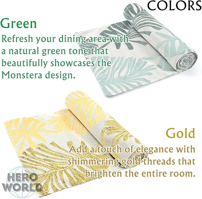 Monstera Leaf Table Runner – Elegant Fabric Table Centerpiece, Machine Washable, Gold or Green, 71"/83"/94" Length, 13" Width (Gold/83)