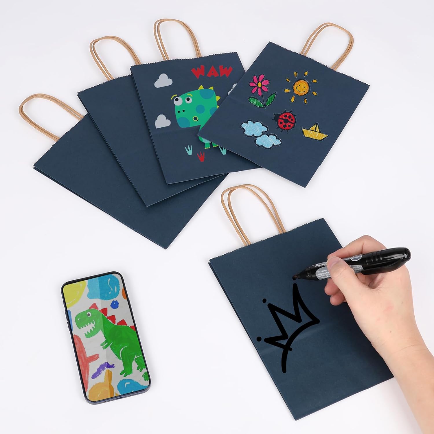 Joybe 100 Pack 5.95x3.25x8 Inch Small Navy Blue Paper Bags with Handles Bulk, Kraft Paper Gift Bags for Birthday Party Favors Grocery Retail Shopping Business Goody Merchandise Craft Blank Sacks
