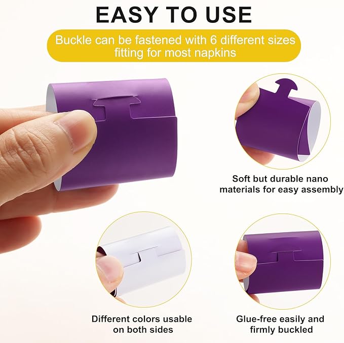 Polymer Material Reusable Napkin Band, Glue-Free Tear-Proof Water Resistant Oil-Proof Napkin Bands Set of 200(Front Purple Color and Back White), 6 Adjustable Sizes Napkin Rings
