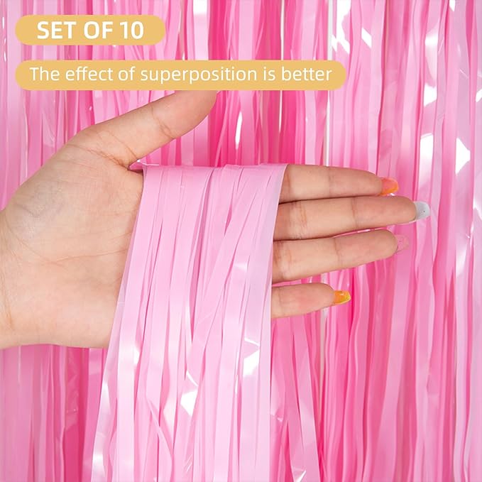 10 Pack Pink Foil Curtain Backdrop 3.2ft x 8.2ft Macaron Tinsel Foil Fringe Curtains Streamer Photo Booth Backdrop for Birthday Party Baby Shower Engagement Wedding Holiday Decoration (Macaron Pink)