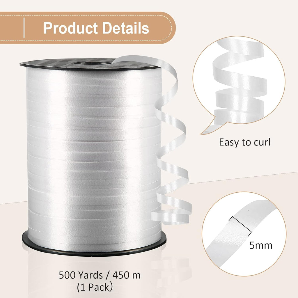 White Curling Ribbon, 500 Yard, 3/16" for Gift Wrapping, Balloon String, Baby Shower, Christmas