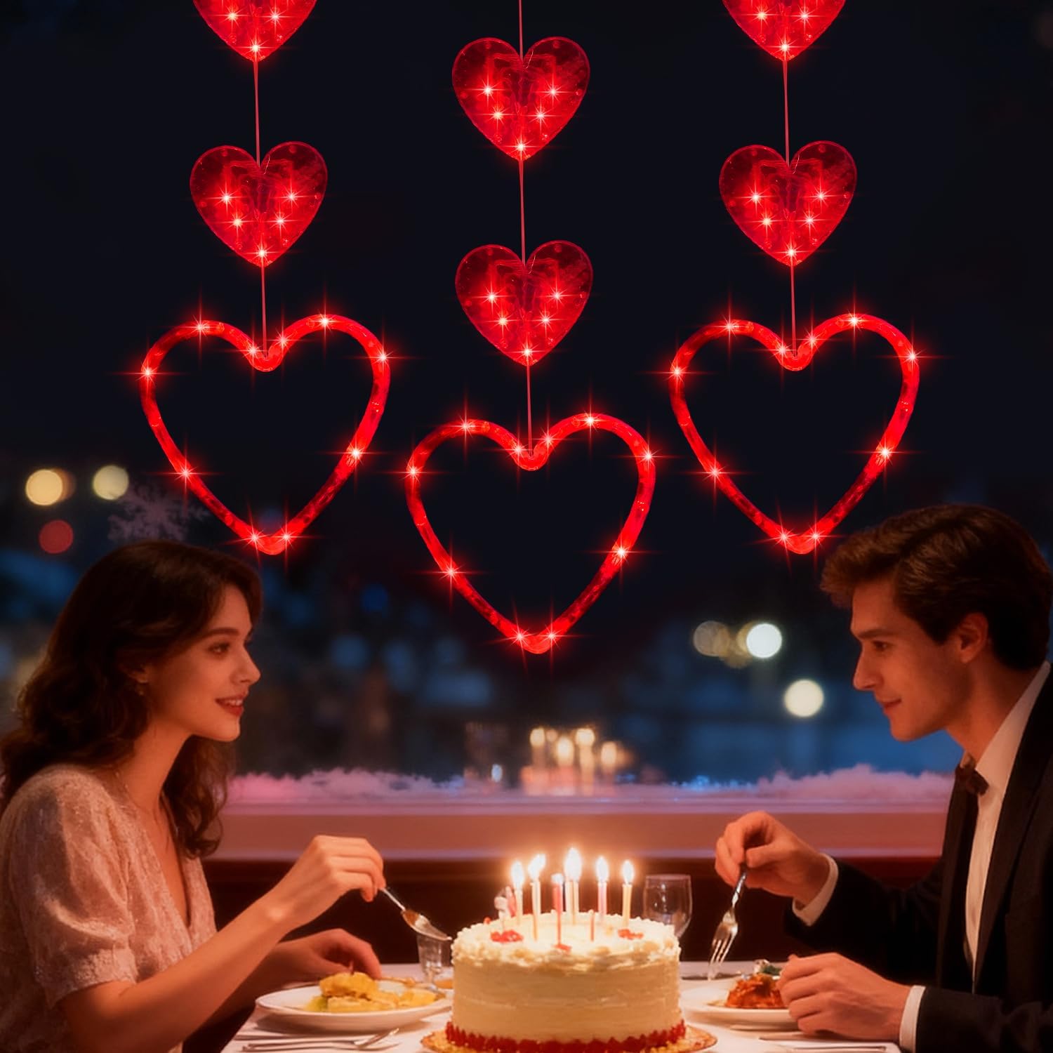 Artmag 3 Pcs Valentines Day Window Lights Decorations with Timer, Three Hearts Shaped Silhouette Battery Powered Hanging Led Lamp for Valentine's Day Lover Home Decor Red