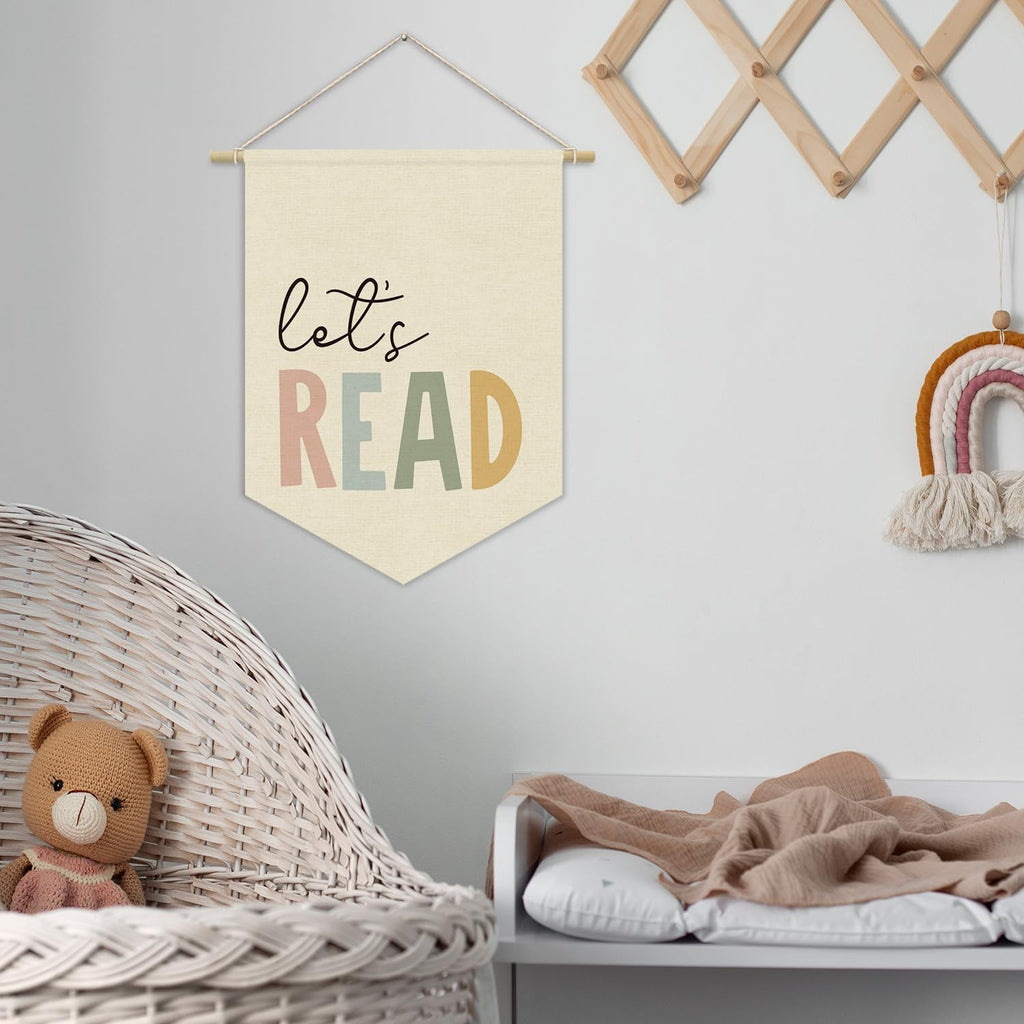 Reading Corner Decor, Let's Read Sign Kids Room Wall Canvas Banner, Library Boho Classroom Bookshelf Hanging Pennant Flag, 15x11in