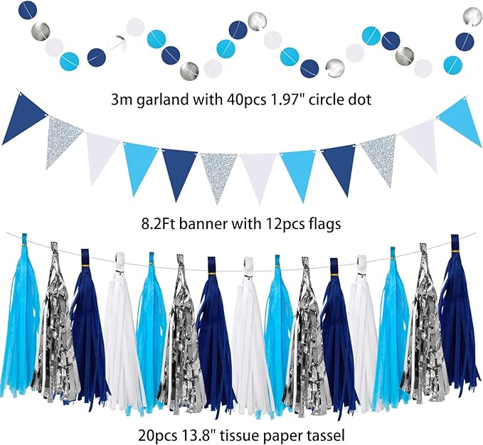 Navy-Blue White Silver Graduation Party-Decorations 33pcs Kits Banner, Paper Lantern Fans,Tissue Pom Poms Honeycomb, Streamers Tassel Garland,Bridal Shower Birthday Wedding Bachelorette Decor