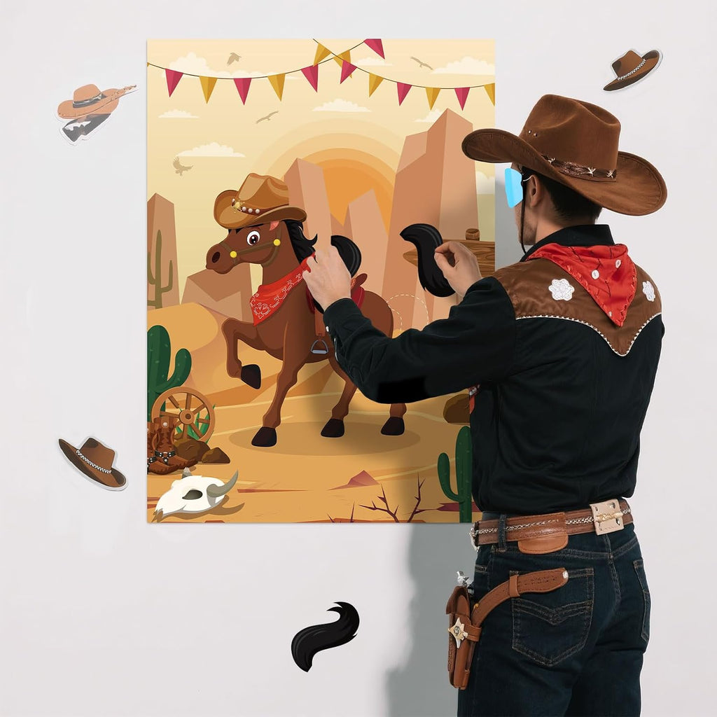 Hxezoc Pin The Tail On The Horse Game with 30 Pcs Tails Large Western Cowboy Horse Games Poster for Kids Cowboy Party Favor Western Birthday Party Carnival Party Supplies