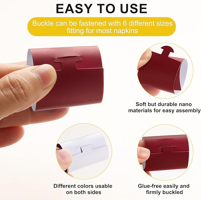 Polymer Material Reusable Napkin Band, Glue-Free Tear-Proof Water Resistant Oil-Proof Napkin Bands Set of 200(Front Burgundy Color and Back White), 6 Adjustable Sizes Napkin Rings