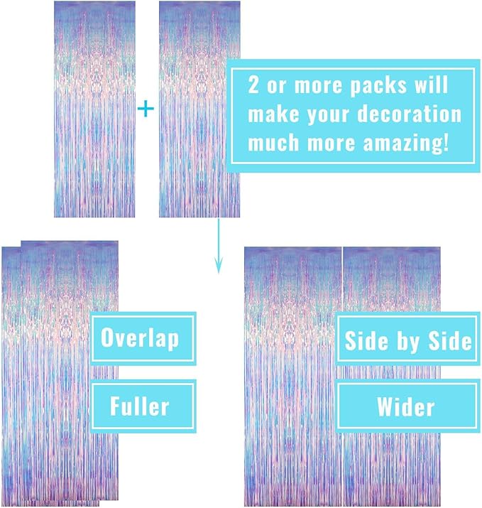 GOER 6.4 ft x 6.5 ft Metallic Tinsel Foil Fringe Curtains,Pack of 2 Party Streamer Backdrop for Mermaid Birthday Party Decorations(Neon Blue)