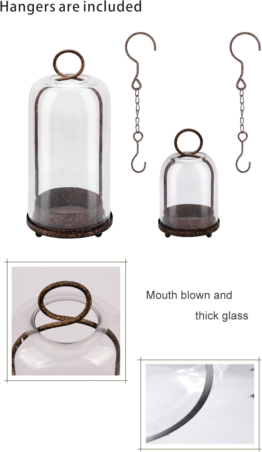 5" & 4" Wide Versatile Metal Candle Holder in Rustic Brown with Handmade Thick, Heavy & Sturdy Glass Dome for Pillar Candle, Industrial, Modern, Shelf, Mantel, Veranda, Porch