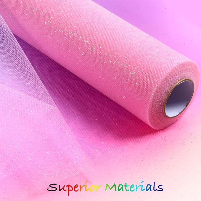 ICOSHOW Sparkling Tulle Rolls, 15” by 30 Yards (90FT) Glitter Tulle Spool Ribbon Fabric for Wedding Birthday Bridal Shower Tutu Skirt Party Gift Wrapping (Pink)