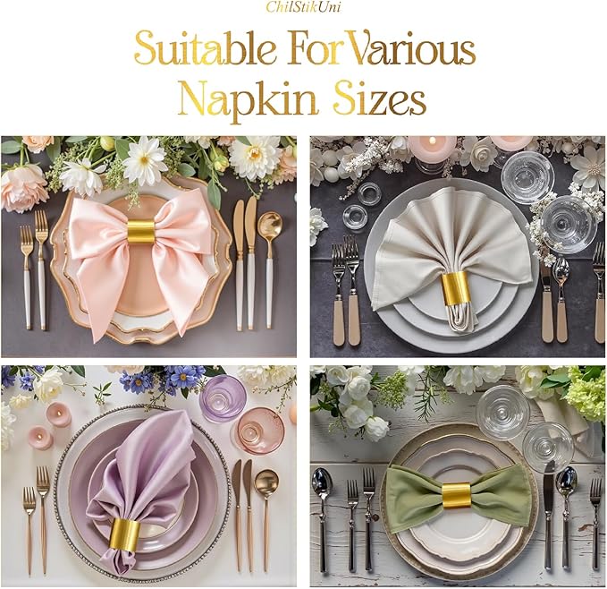 Polymer Material Reusable Napkin Band, Glue-Free Tear-Proof Water Resistant Oil-Proof Napkin Bands Set of 200(Front Brushed Gold Color and Back Silver), 6 Adjustable Sizes Napkin Rings