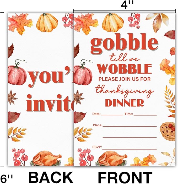 Thanksgiving Party Invitations Fall Pumpkins Turkey Friendsgiving Thanksgiving Dinner Party Fill in Invites Cards With Envelopes (20 Count), Double Sided Design