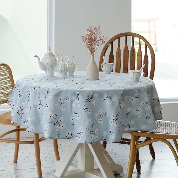 Pastoral Round Tablecloth - 60 Inch Dia. - Linen Fabric Table Cloth - Washable Table Cover with Dust-Proof Wrinkle Resistant for Restaurant, Picnic, Indoor and Outdoor Dining, Floral (Light Blue)