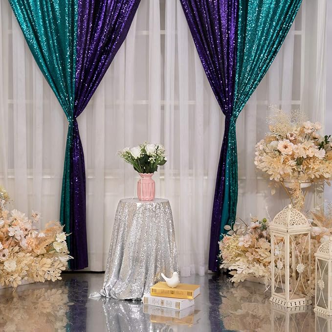 Poise3EHome 2Pcs 2Ft x 8Ft Teal Sequin Backdrop Curtains, Glitter Photography Background, Sequence Xmas Thanksgiving Backdrop for Wedding Party Holiday Festival Decor