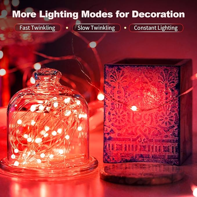 20 Pack LED Fairy Lights Battery Operated,3 Features Blinking Slowly Blinking & just on 7FT 20 LED Waterproof Mini Twinkle String Lights for Wedding Party Christmas Decorations,red