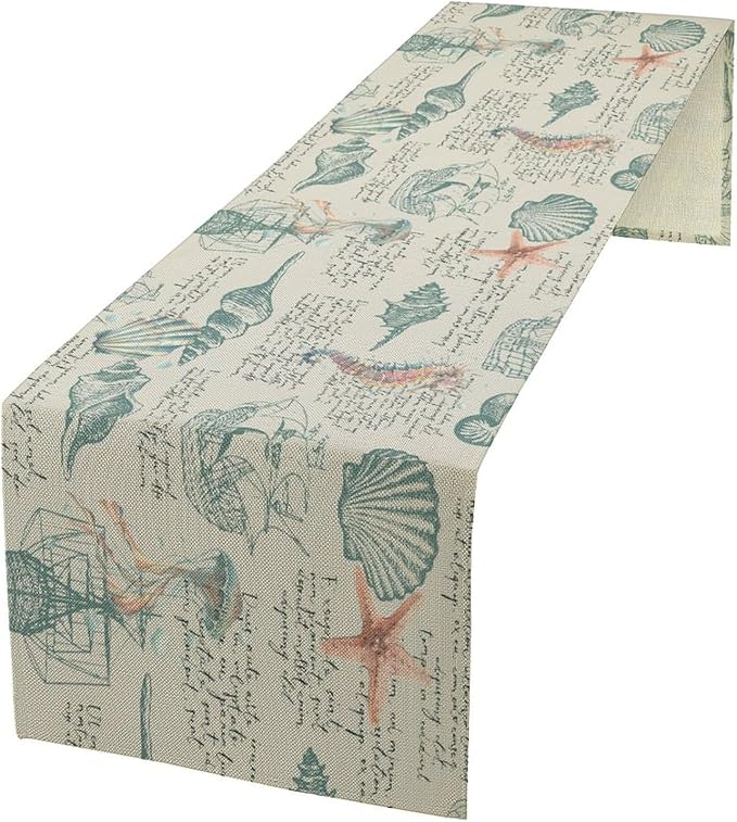 Starfish Table Runner,Seashells Beach Coastal Nautical Sailboat Jellyfish Vintage Hand Drawn Burlap for Hotel Indoors Outdoor Dining Room Kitchen Table Decor, 13x36in