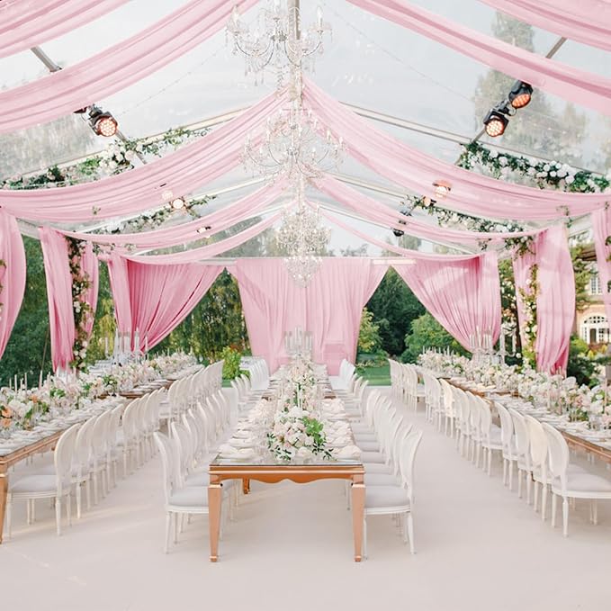 VOK Pink Wedding Arch Draping Fabric Chiffon Fabric, 29in x 18Ft 2 Panels Sheer Chiffon Outdoor Curtain for Wedding Ceremony Birthday Party Decoration (Light Pink,2 Panel)