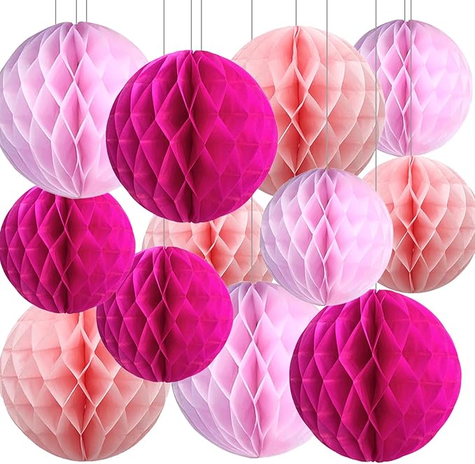 Hot Pink Paper Honeycomb Balls,12 Pack Hanging Tissue Pom Poms for Birthdays,Weddings,Fiesta,Home Party Decoration(Light Pink,Deep Pink,Hot Pink)