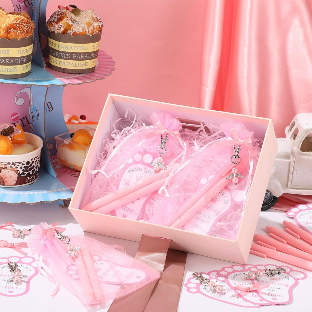 Ctosree 250 Pcs Baby Shower Favors Includes Ballpoint Pens Angel Keychains Organza Bags Thank You Cards for Guest Gifts Baby Shower Gender Reveal Party(Pink,It's a Girl)