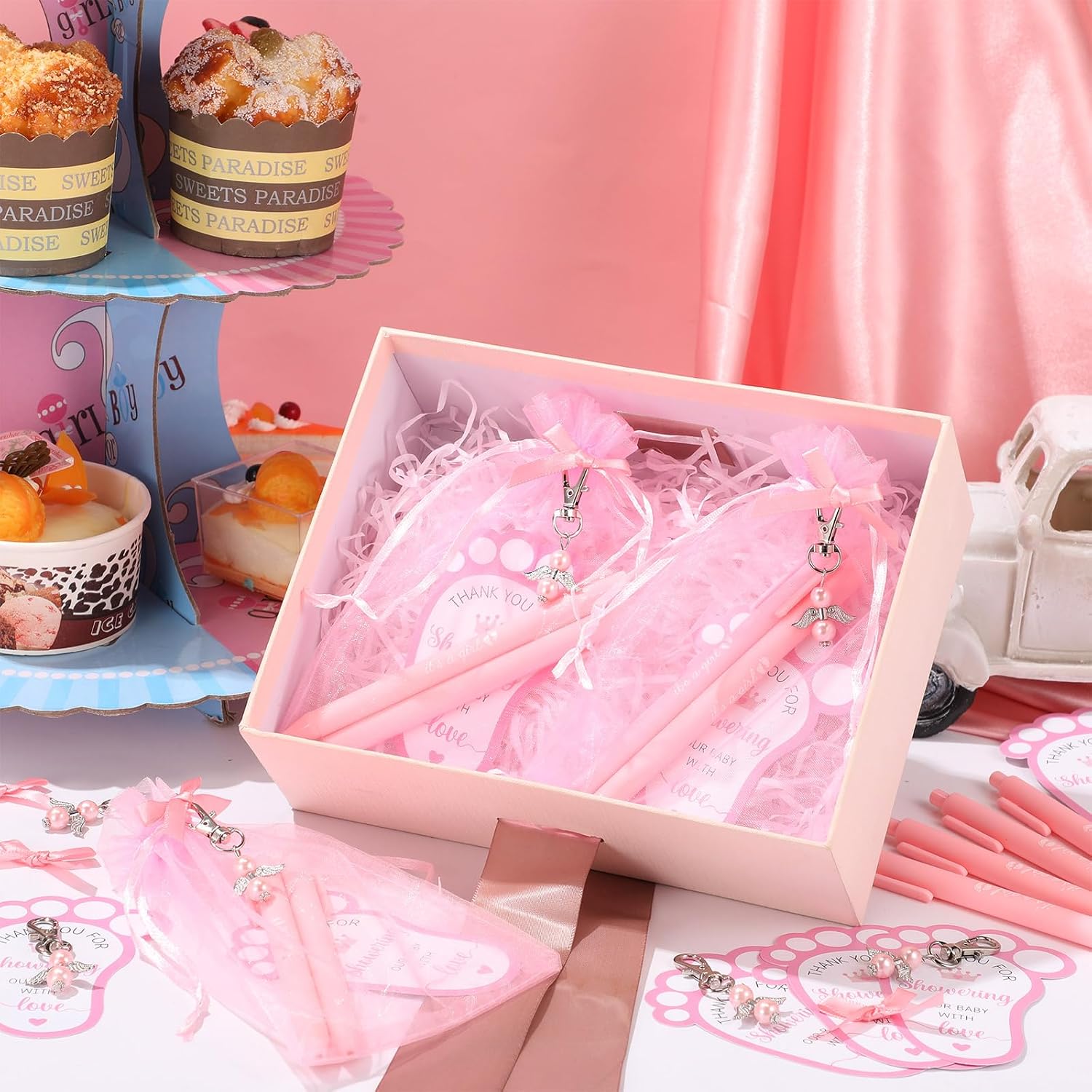 Ctosree 250 Pcs Baby Shower Favors Includes Ballpoint Pens Angel Keychains Organza Bags Thank You Cards for Guest Gifts Baby Shower Gender Reveal Party(Pink,It's a Girl)