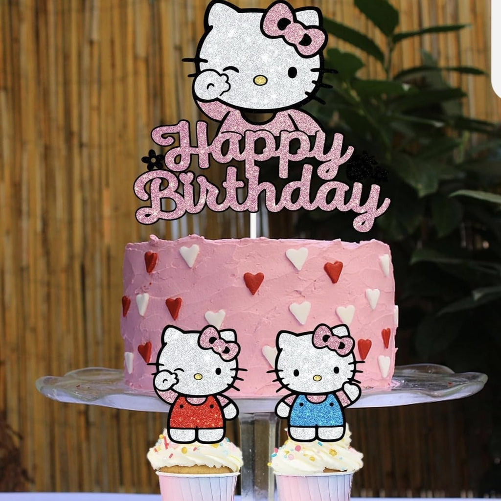 Birthday Cake Decorations, Cute Pink Glitter Happy Birthday Cake Toppers, Cartoon Party Supplies