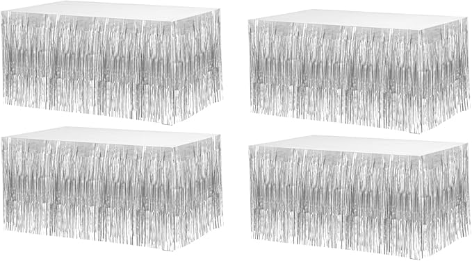 4 Pack 29x108 Inch Metallic Foil Fringe Tinsel Table Skirts for Rectangle Tables Streamer Curtains Backdrop for Wedding, Birthday, Parade Floats, Christmas, Halloween Party Decoration(Silver)