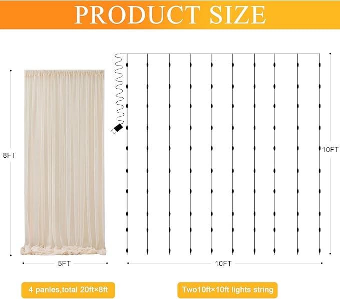 Fomcet Tulle Curtains with Lights String Champagne 20FT X 8FT Sheer Backdrop Curtains for Parties Wedding Baby Shower Photo Shoot Decorations (4 Panels 5 x 8FT)