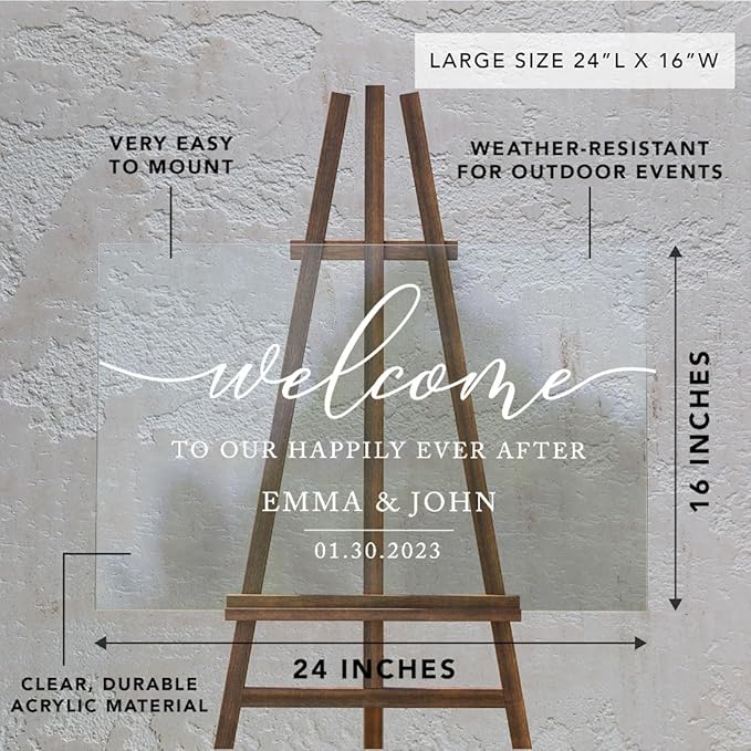 Andaz Press Custom Large Wedding Acrylic Sign, 16 x 24 Inches, Happily Ever After, Personalized Sign, Welcome Sign For Modern Wedding Theme Wedding Decorations