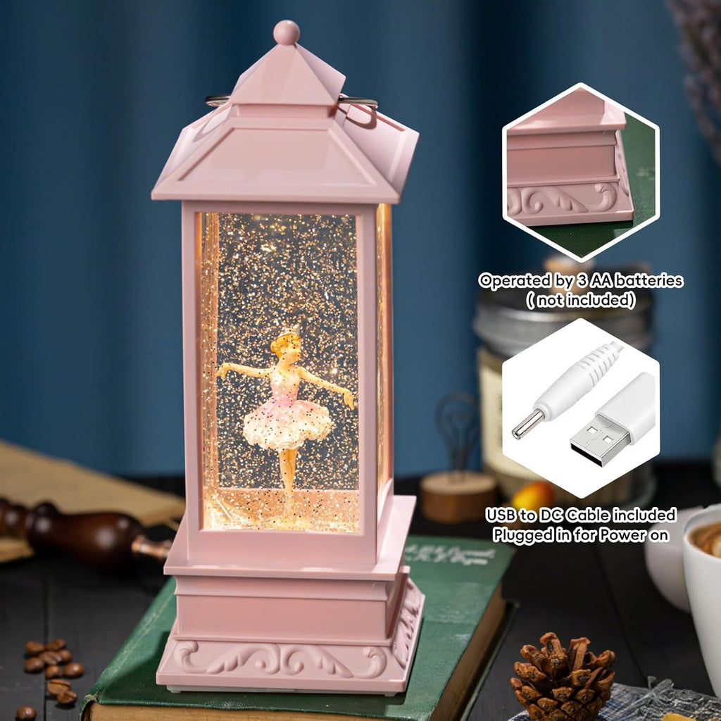 Snow Globe Lantern with Ballet Girl Ballerina – Shatterproof Glitter Snowglobe 10 Songs Music Box Led Light USB & Battery Powered, for Girls Gifts Birthday Home Decor Fall Decoration, Pink