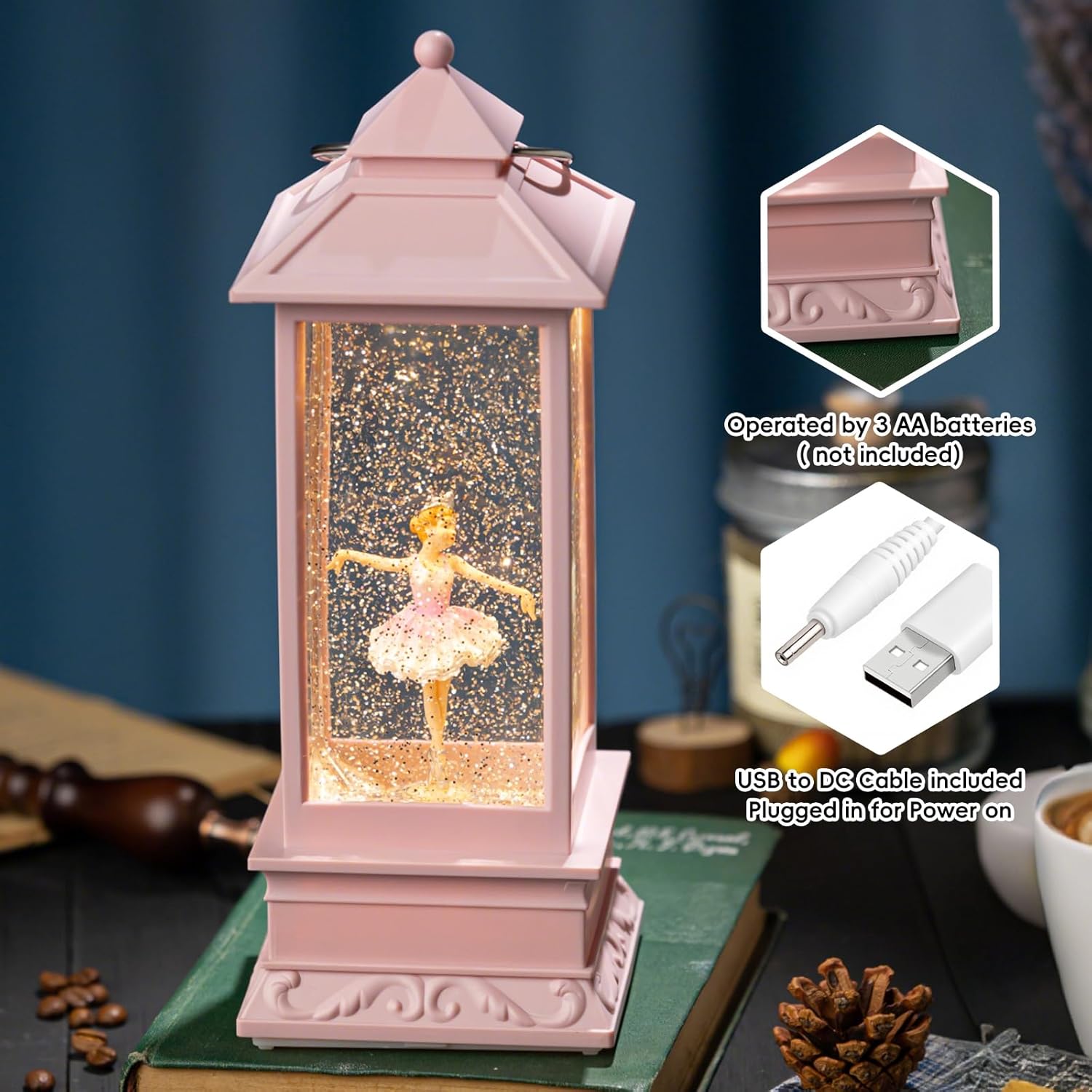 Snow Globe Lantern with Ballet Girl Ballerina – Shatterproof Glitter Snowglobe 10 Songs Music Box Led Light USB & Battery Powered, for Girls Gifts Birthday Home Decor Fall Decoration, Pink