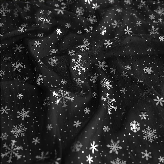Silvery Snowflake Metallic Print Tulle Christmas Table Runner, Seasonal Winter Kitchen Dining Table Decoration for Home Party Decor 35x120 Inch (Black)